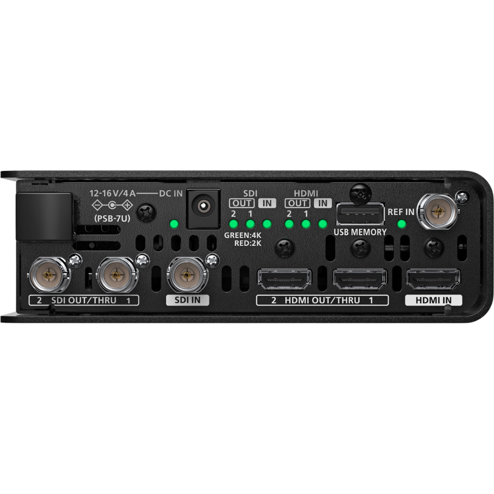 Back panel of a professional audio/video equipment with various connectors on a white background