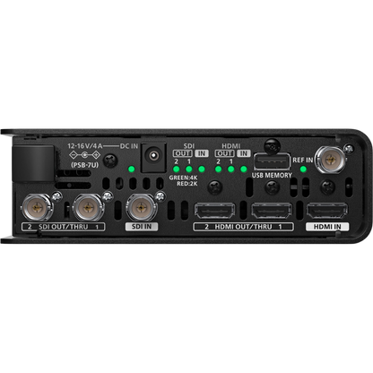 Back panel of a professional audio/video equipment with various connectors on a white background