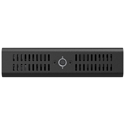 Black electronic device with a central button on a white background