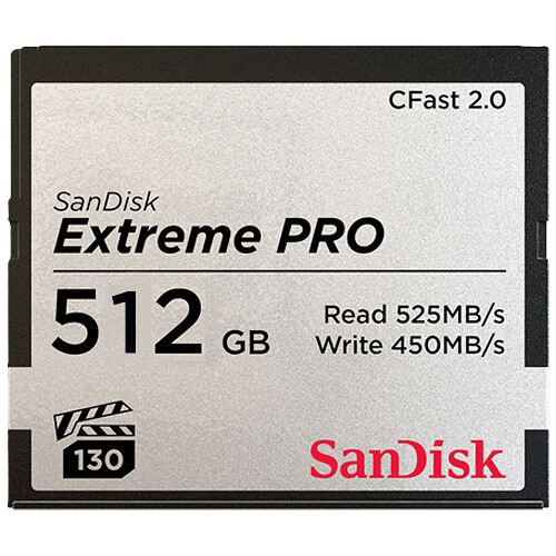 SanDisk Extreme PRO 512GB CFast 2.0 memory card on a white background