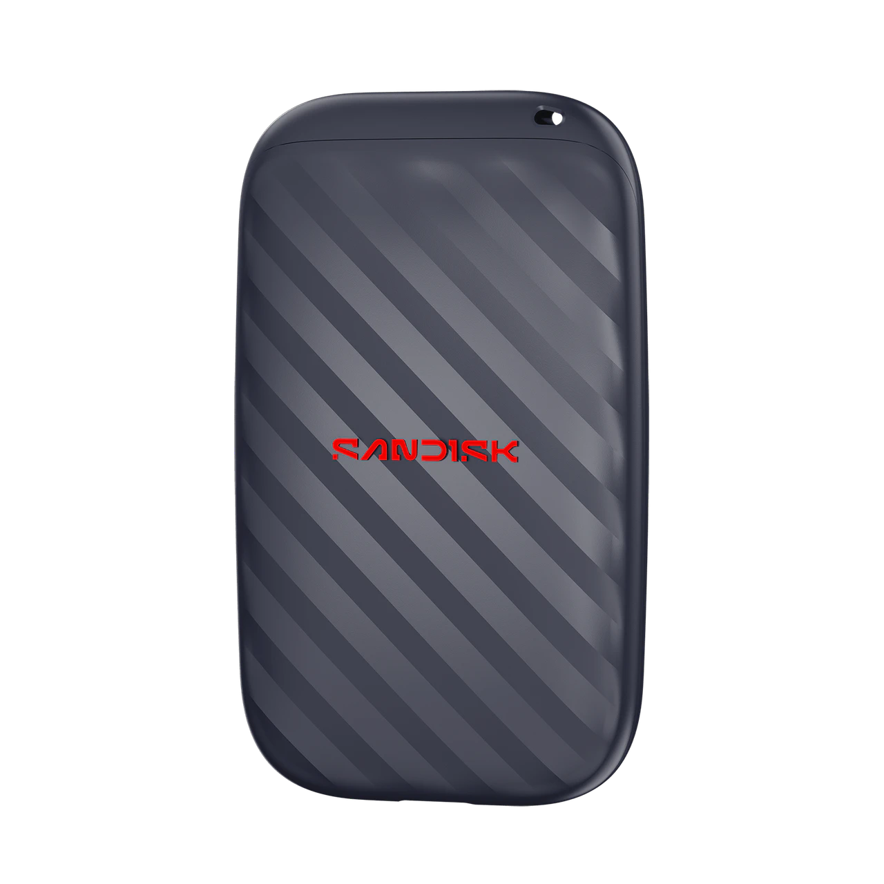 A Sandisk portable external hard drive in a dark gray color with diagonal striped pattern and a red Sandisk logo on the front, isolated on a white background.