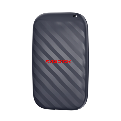 A Sandisk portable external hard drive in a dark gray color with diagonal striped pattern and a red Sandisk logo on the front, isolated on a white background.