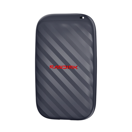 A Sandisk portable external hard drive in a dark gray color with diagonal striped pattern and a red Sandisk logo on the front, isolated on a white background.