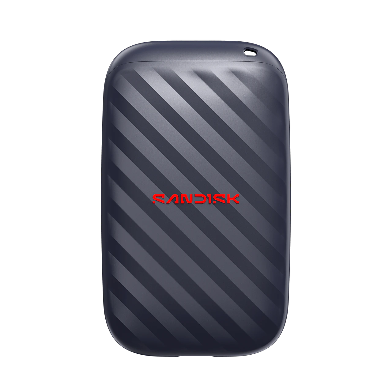 A Sandisk portable external hard drive in a dark navy blue case with a diagonal striped pattern and a red Sandisk logo in the center, shown on a plain white background.
