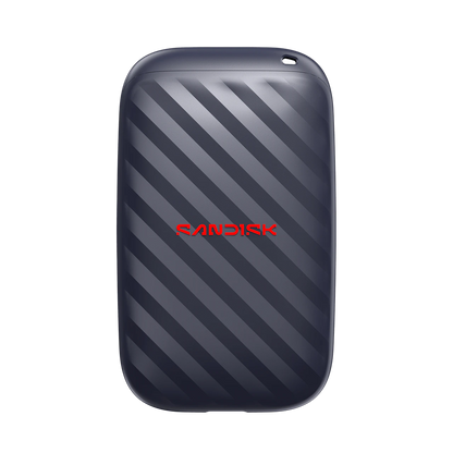 A Sandisk portable external hard drive in a dark navy blue case with a diagonal striped pattern and a red Sandisk logo in the center, shown on a plain white background.