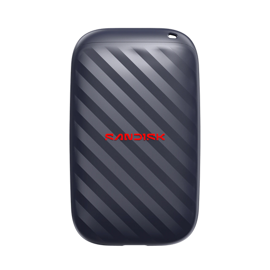 A Sandisk portable external hard drive in a dark navy blue case with a diagonal striped pattern and a red Sandisk logo in the center, shown on a plain white background.
