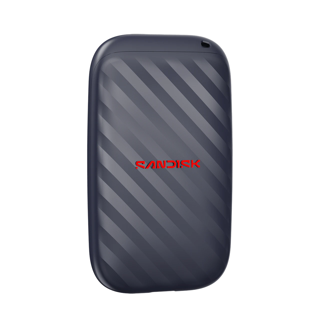 A Sandisk portable external hard drive in a dark gray color with diagonal striped pattern on the back and a red SANDISK logo in the center, shown on a plain white background.