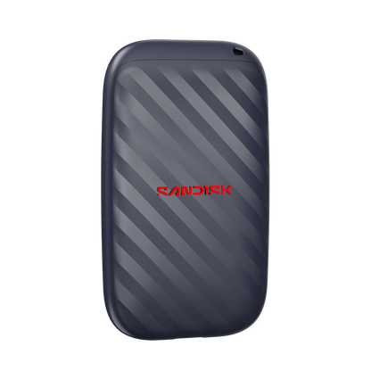 A Sandisk portable external hard drive in a dark gray color with diagonal striped pattern on the back and a red SANDISK logo in the center, shown on a plain white background.