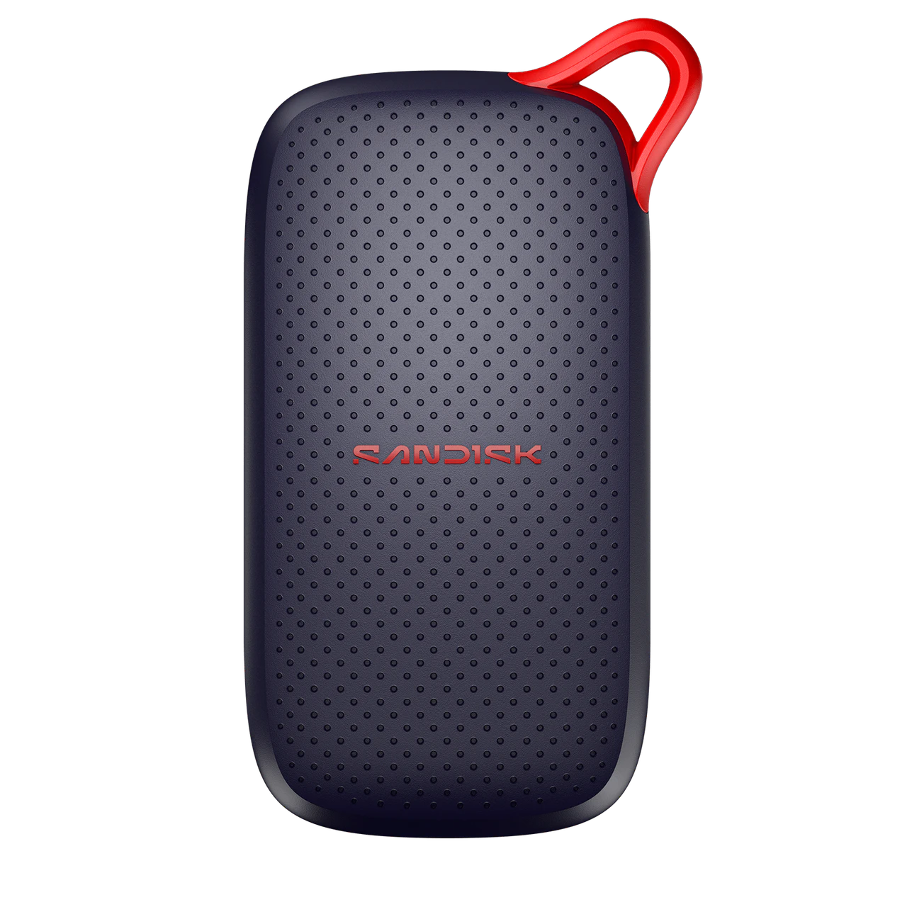 A Sandisk portable external hard drive in a dark navy blue textured finish with a bright red carrying loop and red brand lettering, shown on a plain white background.