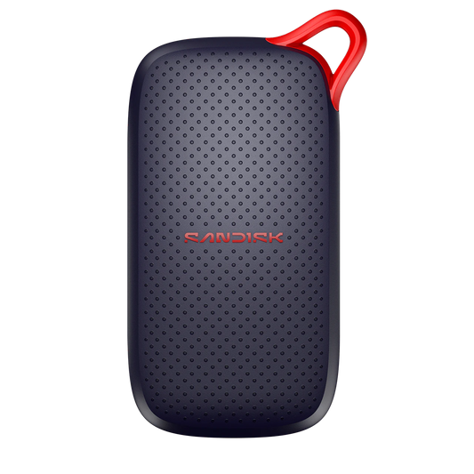 A Sandisk portable external hard drive in a dark navy blue textured finish with a bright red carrying loop and red brand lettering, shown on a plain white background.