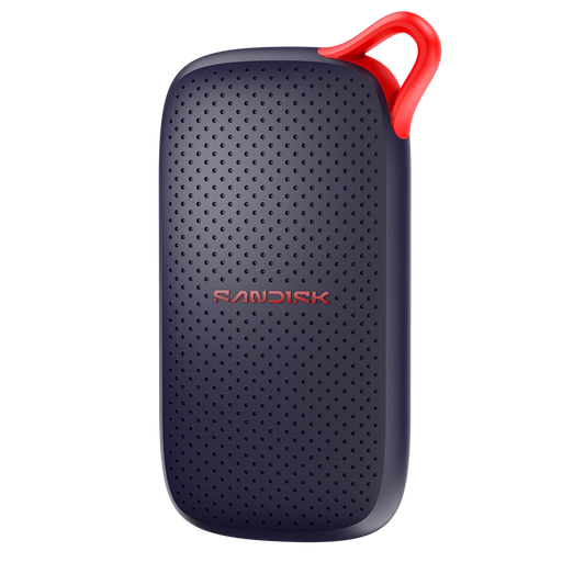 A Sandisk portable external hard drive in a dark navy blue color with a red loop handle on top, shown against a plain white background.