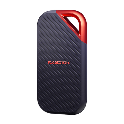 A Sandisk portable external hard drive in a dark gray textured finish with a metallic red keychain loop on the top right and red brand lettering.