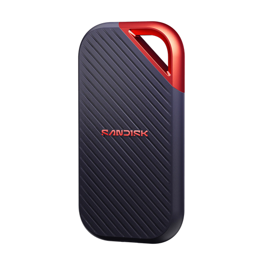 A Sandisk portable external hard drive in a dark gray textured finish with a metallic red keychain loop on the top right and red brand lettering.