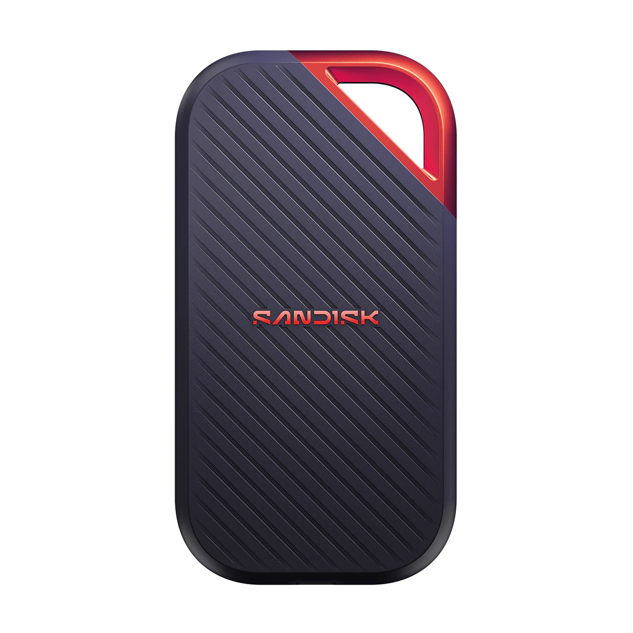 A Sandisk portable external hard drive in a dark navy blue color with diagonal textured lines and a red accent on the top right corner and the brand name.