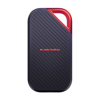 A Sandisk portable external hard drive in a dark navy blue color with diagonal textured lines and a red accent on the top right corner and the brand name.