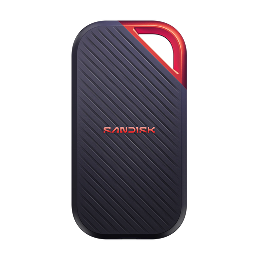 A Sandisk portable external hard drive in a dark navy blue color with diagonal textured lines and a red accent on the top right corner and the brand name.