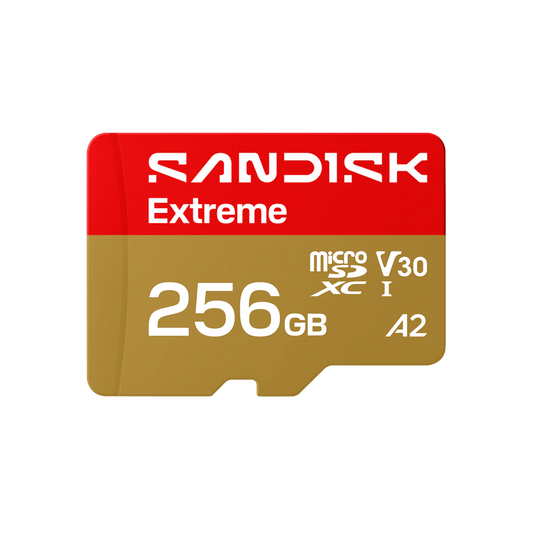 A Sandisk Extreme 256GB microSD card shown on a plain white background. The card features a red top section with white 'SANDISK Extreme' branding and a gold bottom section with white '256GB', 'microSD V30', 'XC I', and 'A2' text.