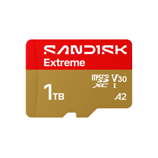 A Sandisk Extreme microSDXC V30 1TB A2 memory card with a red and gold design, shown on a plain white background.