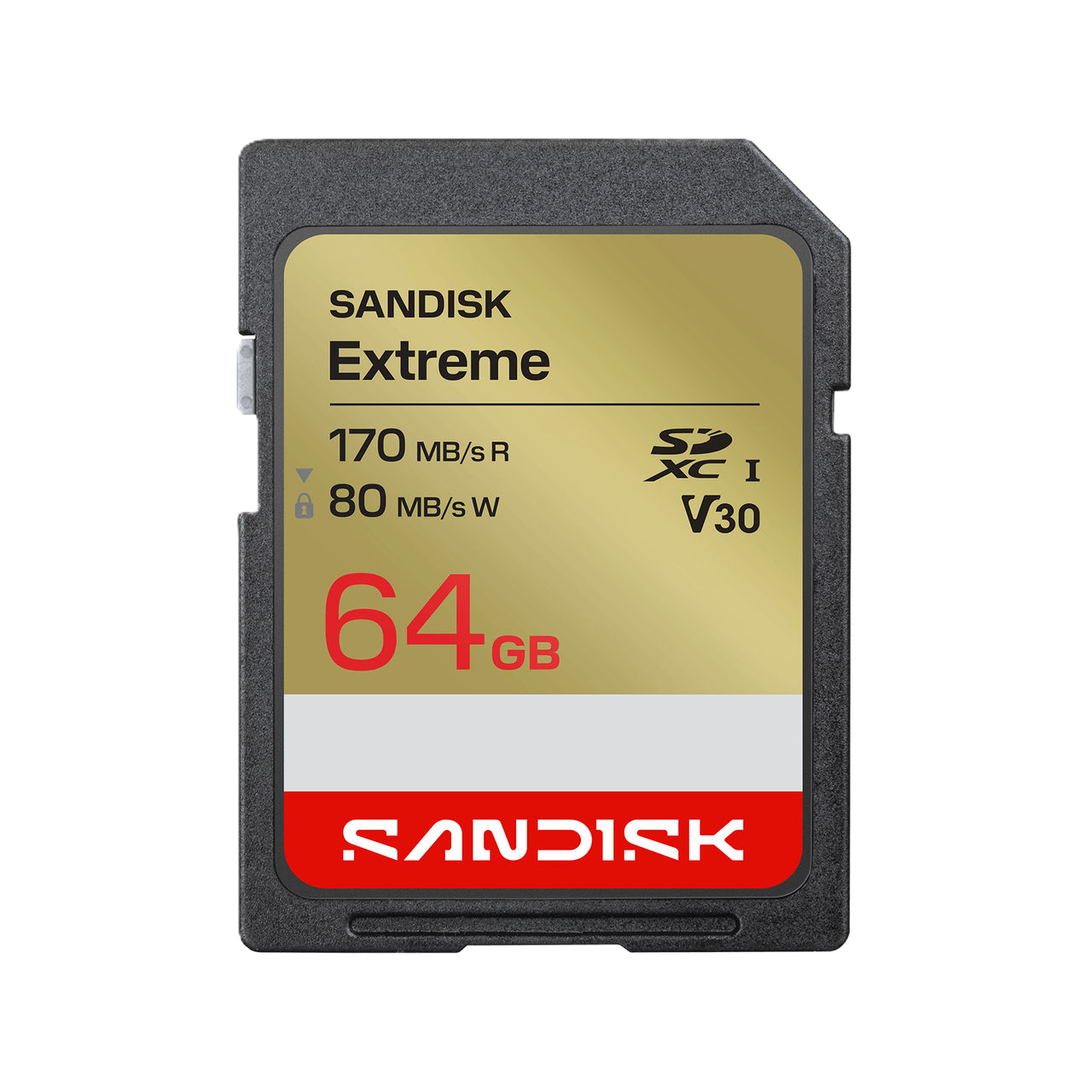 Sandisk Extreme 64GB SD card on a white background