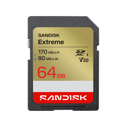 Sandisk Extreme 64GB SD card on a white background