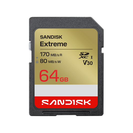 Sandisk Extreme 64GB SD card on a white background