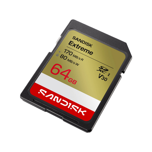 Sandisk Extreme 64GB SD card on a white background