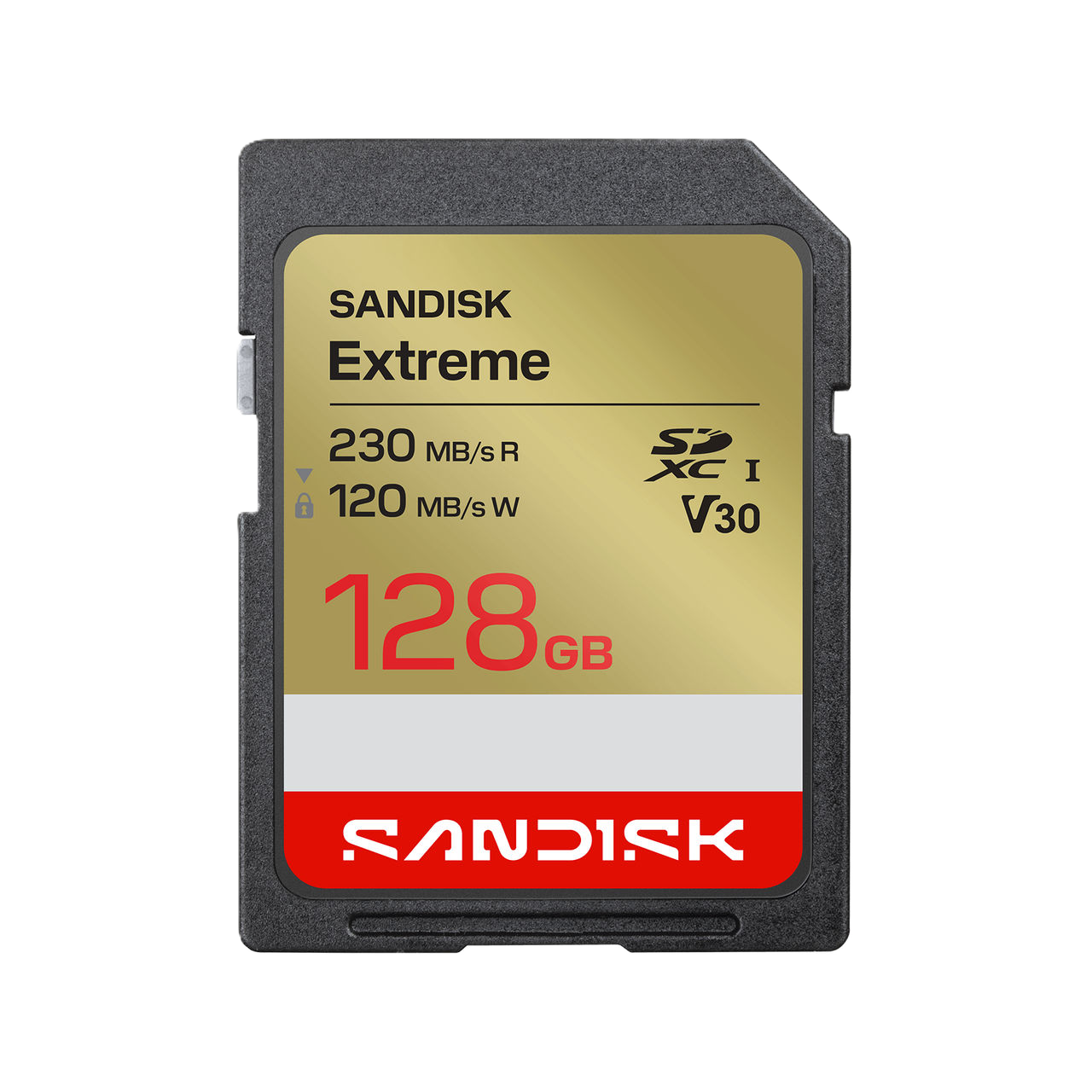 Sandisk Extreme 128GB SD card on a white background
