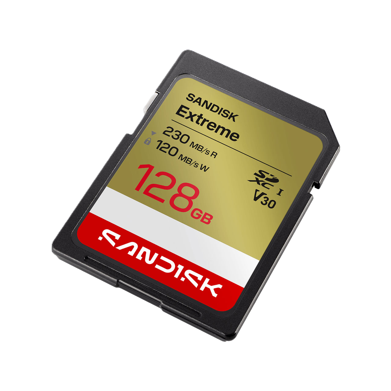 Sandisk Extreme 128GB SD card on a white background