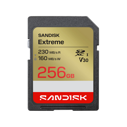 Sandisk Extreme 256GB SD card on a white background
