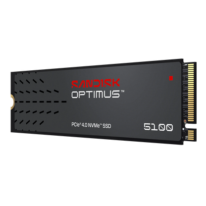 Sandisk Optimus 5100 PCIe 4.0 NVMe SSD in a black mSATA form factor, featuring a gold-plated connector interface on a white background.