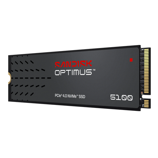 Sandisk Optimus 5100 PCIe 4.0 NVMe SSD in a black mSATA form factor, featuring a gold-plated connector interface on a white background.
