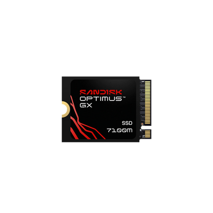 A Sandisk Optimus GX SSD 7100M on a solid white background, showing its black label with red and white text and a gold-plated connector on the right.