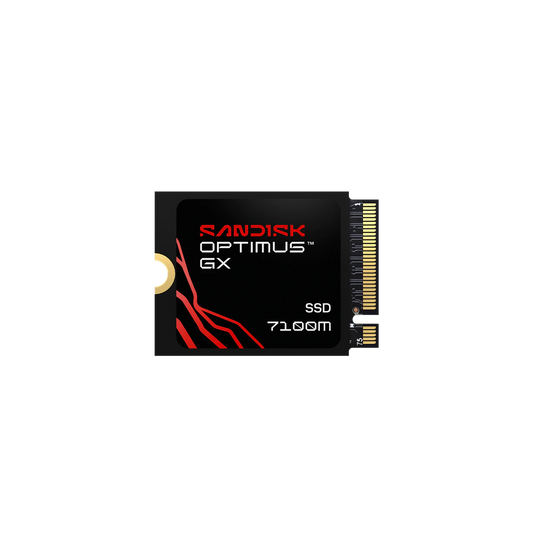 A Sandisk Optimus GX SSD 7100M on a solid white background, showing its black label with red and white text and a gold-plated connector on the right.