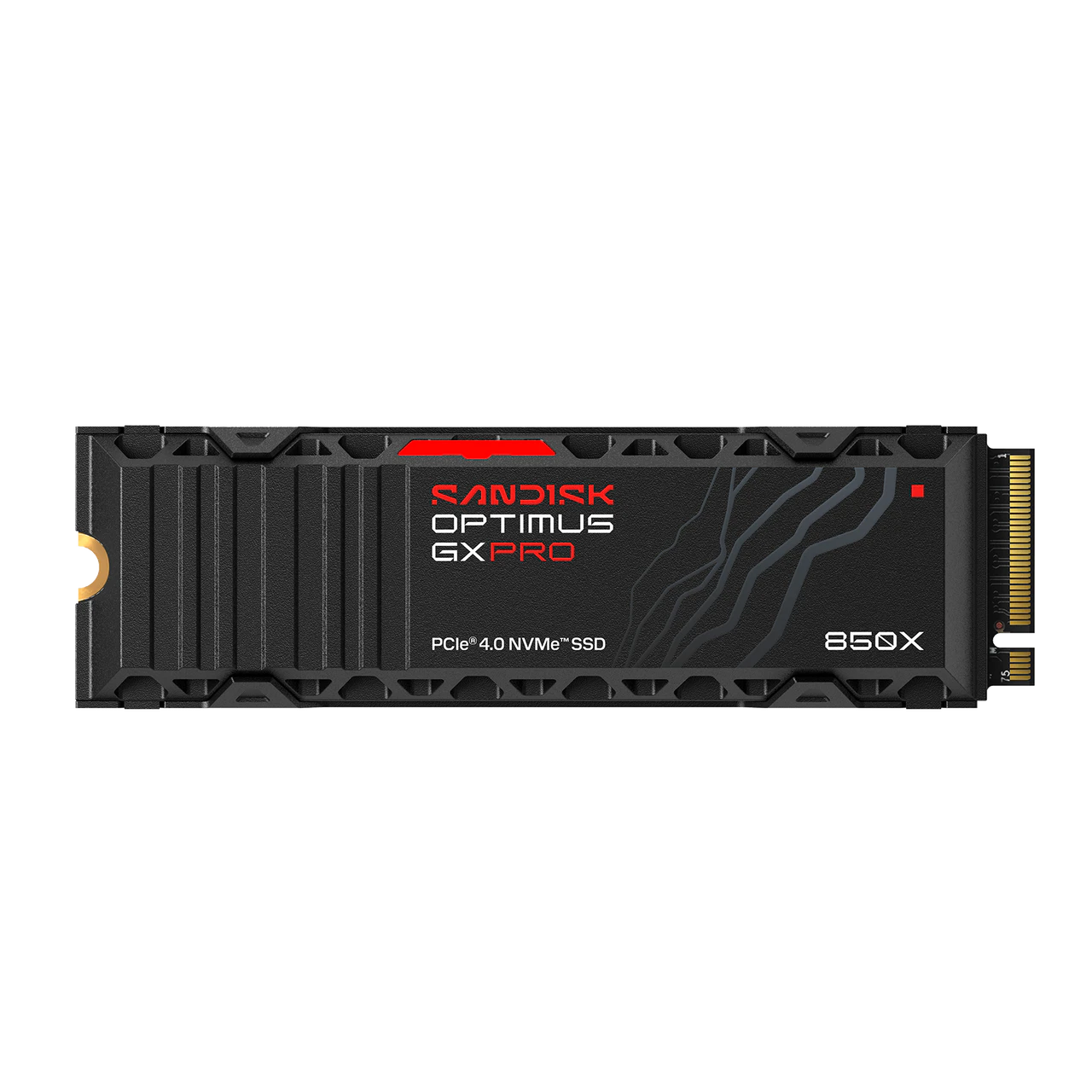 Sandisk Optimus GX Pro 850X PCIe 4.0 NVMe SSD in a black mSATA form factor with red and white branding on a clean white background.