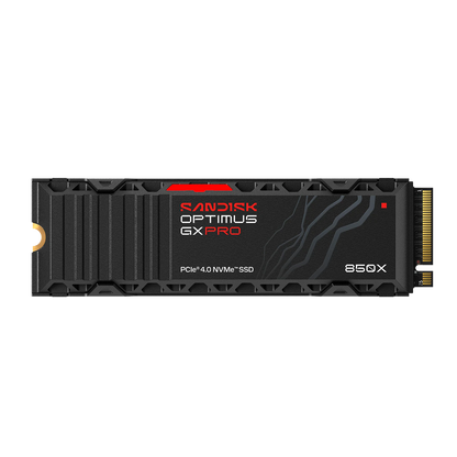 Sandisk Optimus GX Pro 850X PCIe 4.0 NVMe SSD in a black mSATA form factor with red and white branding on a clean white background.
