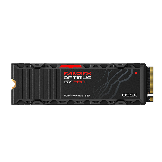Sandisk Optimus GX Pro 850X PCIe 4.0 NVMe SSD in a black mSATA form factor with red and white branding on a clean white background.