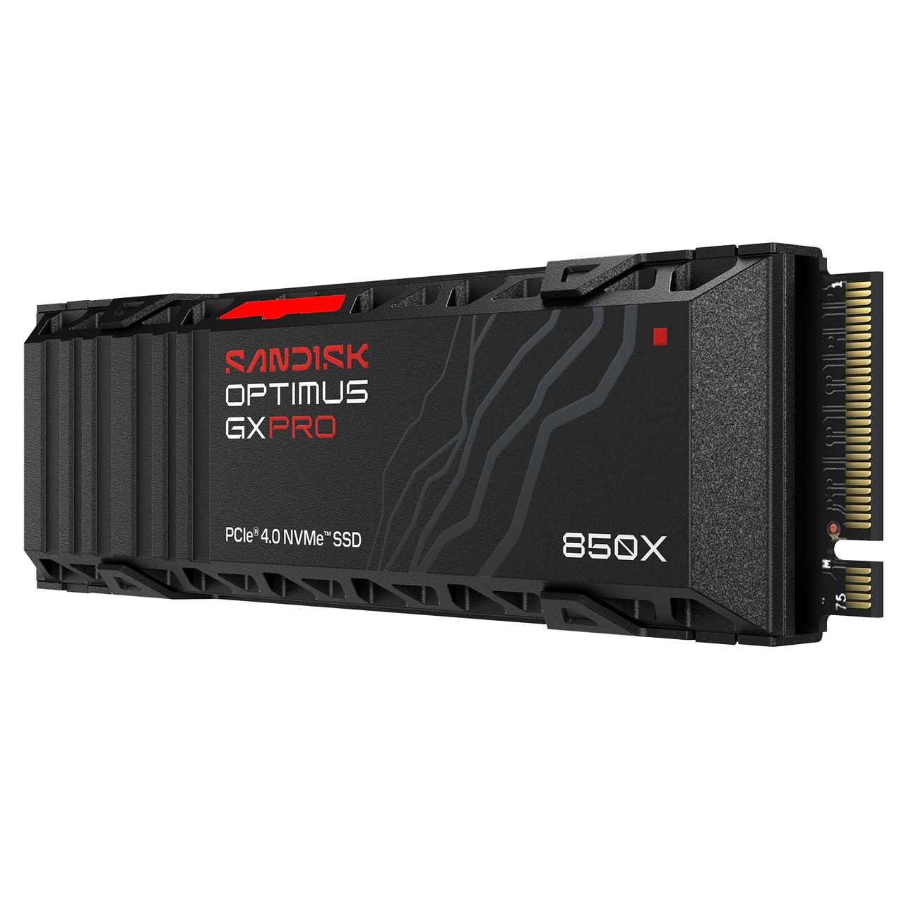 A black Randisk Optimus GX Pro 850X PCIe 4.0 NVMe SSD shown at a three-quarter angle on a plain white background.