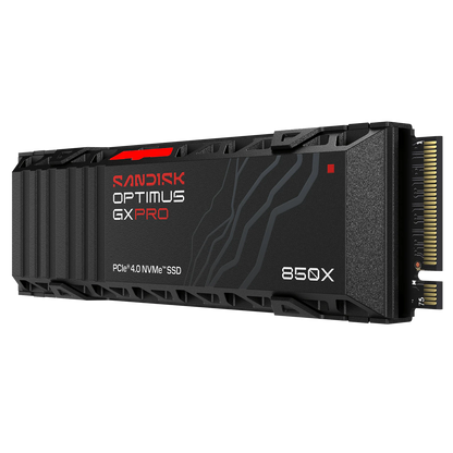 A black Randisk Optimus GX Pro 850X PCIe 4.0 NVMe SSD shown at a three-quarter angle on a plain white background.