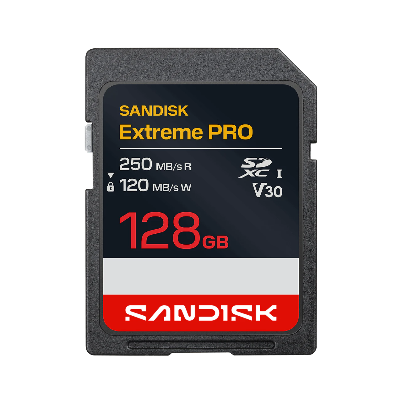A Sandisk Extreme PRO 128GB SD card shown against a plain white background. The card features a black and red label with yellow and white text, indicating high-speed performance and SDXC V30 standards.