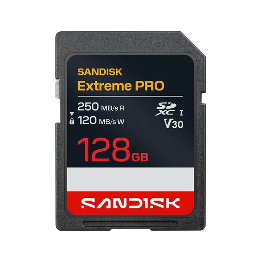 A Sandisk Extreme PRO 128GB SD card shown against a plain white background. The card features a black and red label with yellow and white text, indicating high-speed performance and SDXC V30 standards.
