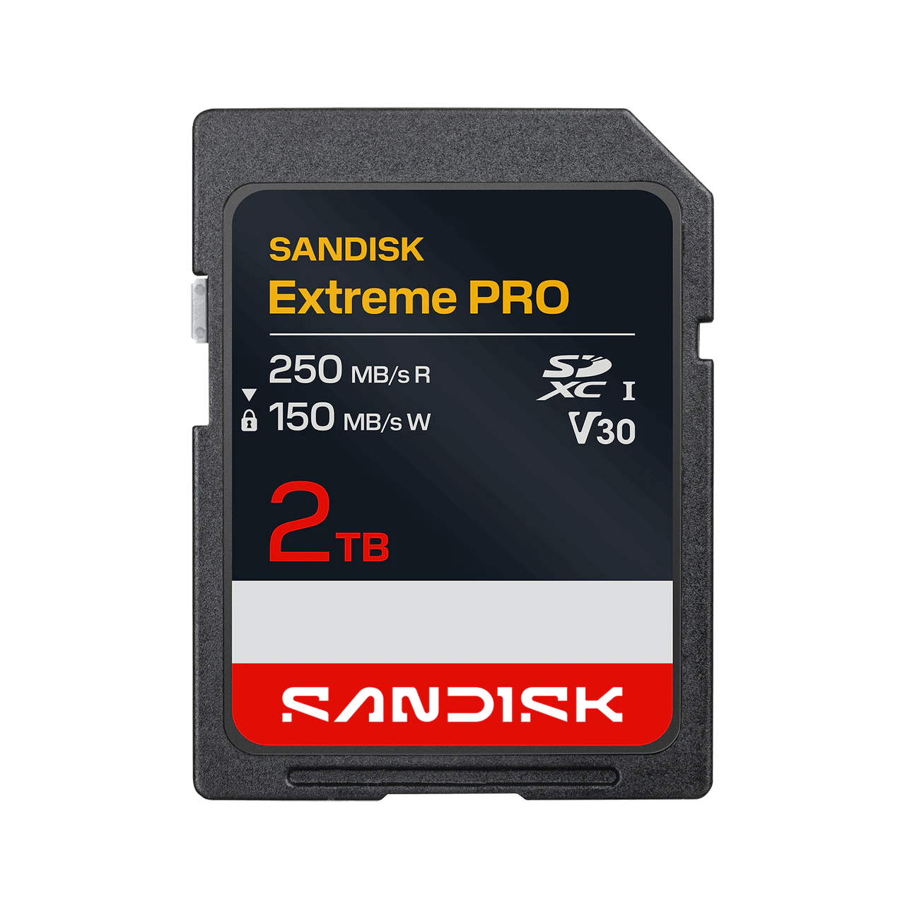 A Sandisk Extreme PRO 2TB SD card shown against a plain white background. The card is black with a prominent red band at the bottom, yellow 'SANDISK Extreme PRO' text, white technical specifications, and a silver reflective strip.