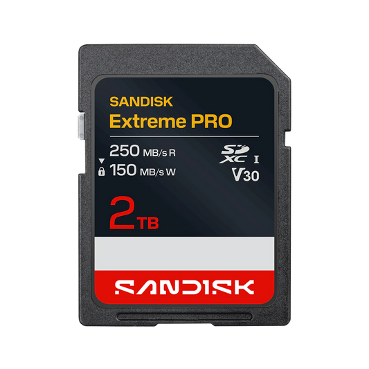 A Sandisk Extreme PRO 2TB SD card shown against a plain white background. The card is black with a prominent red band at the bottom, yellow 'SANDISK Extreme PRO' text, white technical specifications, and a silver reflective strip.