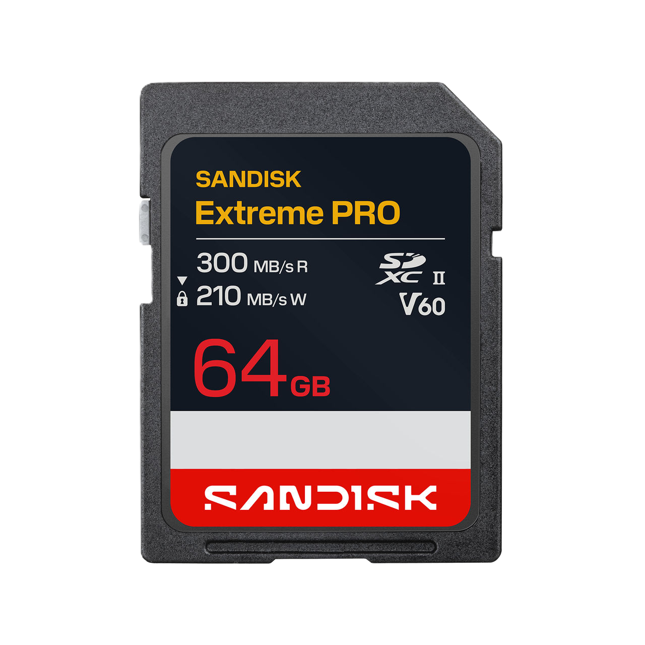 SanDisk Extreme Pro 64GB SD card on a white background