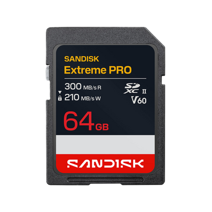 SanDisk Extreme Pro 64GB SD card on a white background