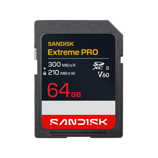 SanDisk Extreme Pro 64GB SD card on a white background