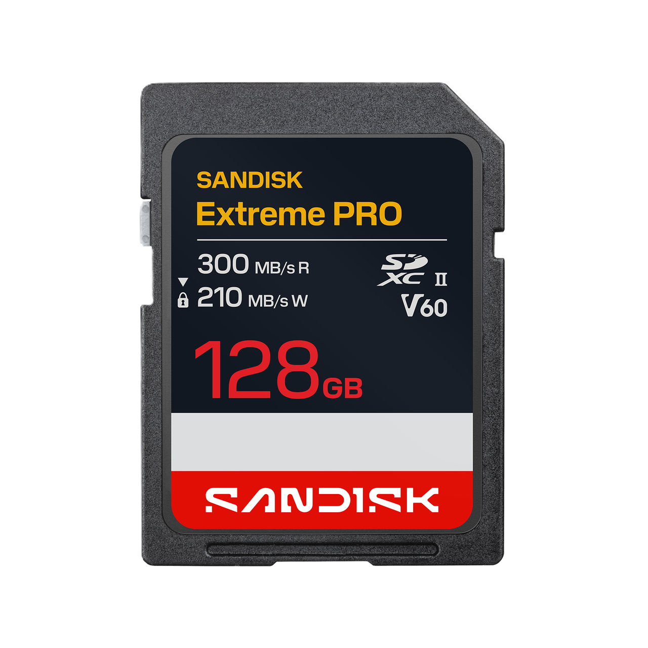 SanDisk Extreme Pro 128GB SD card on a white background