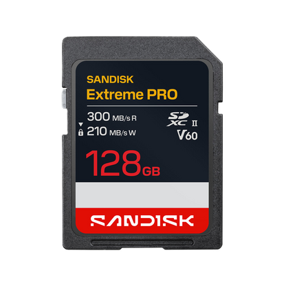 SanDisk Extreme Pro 128GB SD card on a white background