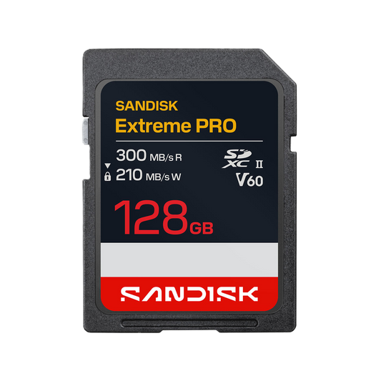 SanDisk Extreme Pro 128GB SD card on a white background