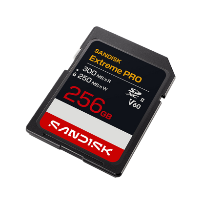 A Sandisk Extreme PRO 256GB SD card shown at an angle on a plain white background.