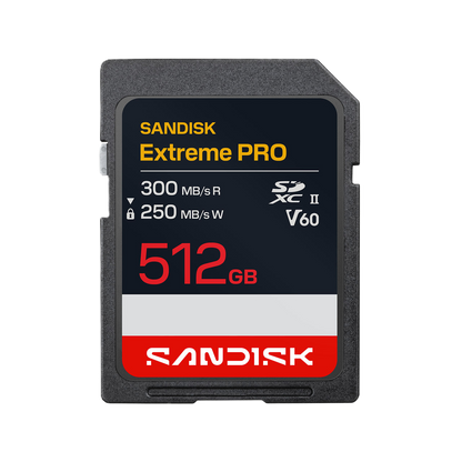 SanDisk Extreme Pro 512GB SD card on a white background
